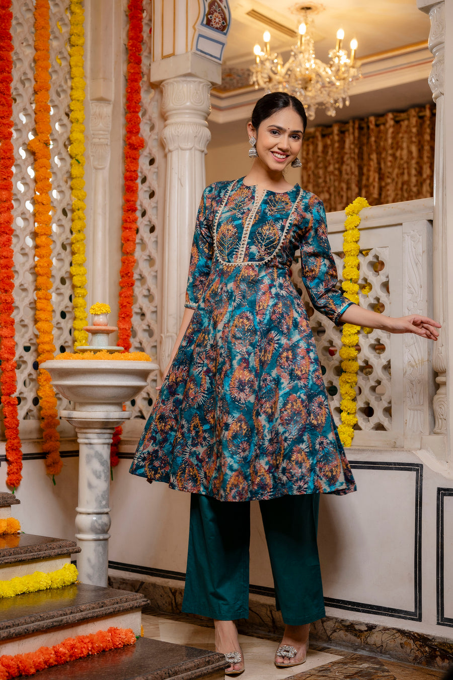 Women Cotton Printed Anarkali Hand Embroidery Suit Set