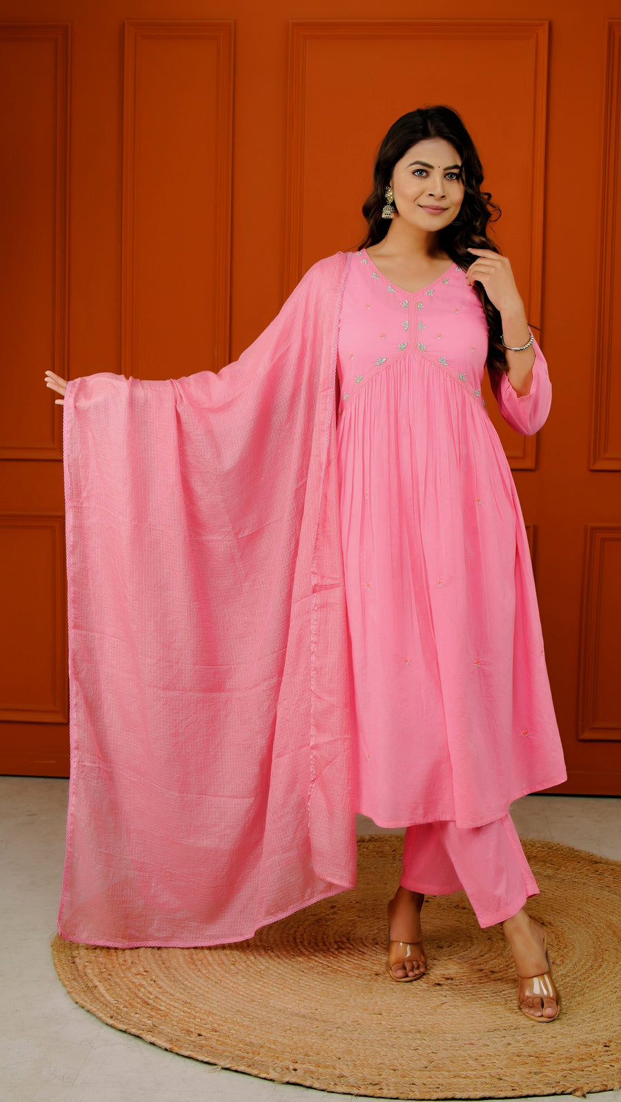 Women Cotton Solid Pink Embroidery Suit Set