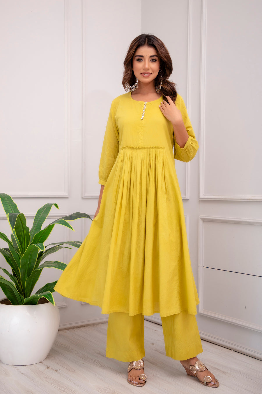 Women Cotton Solid Yellow Co-ord Set
