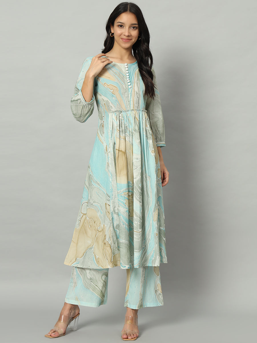 Women Cotton Marble Flared Co-ord Set