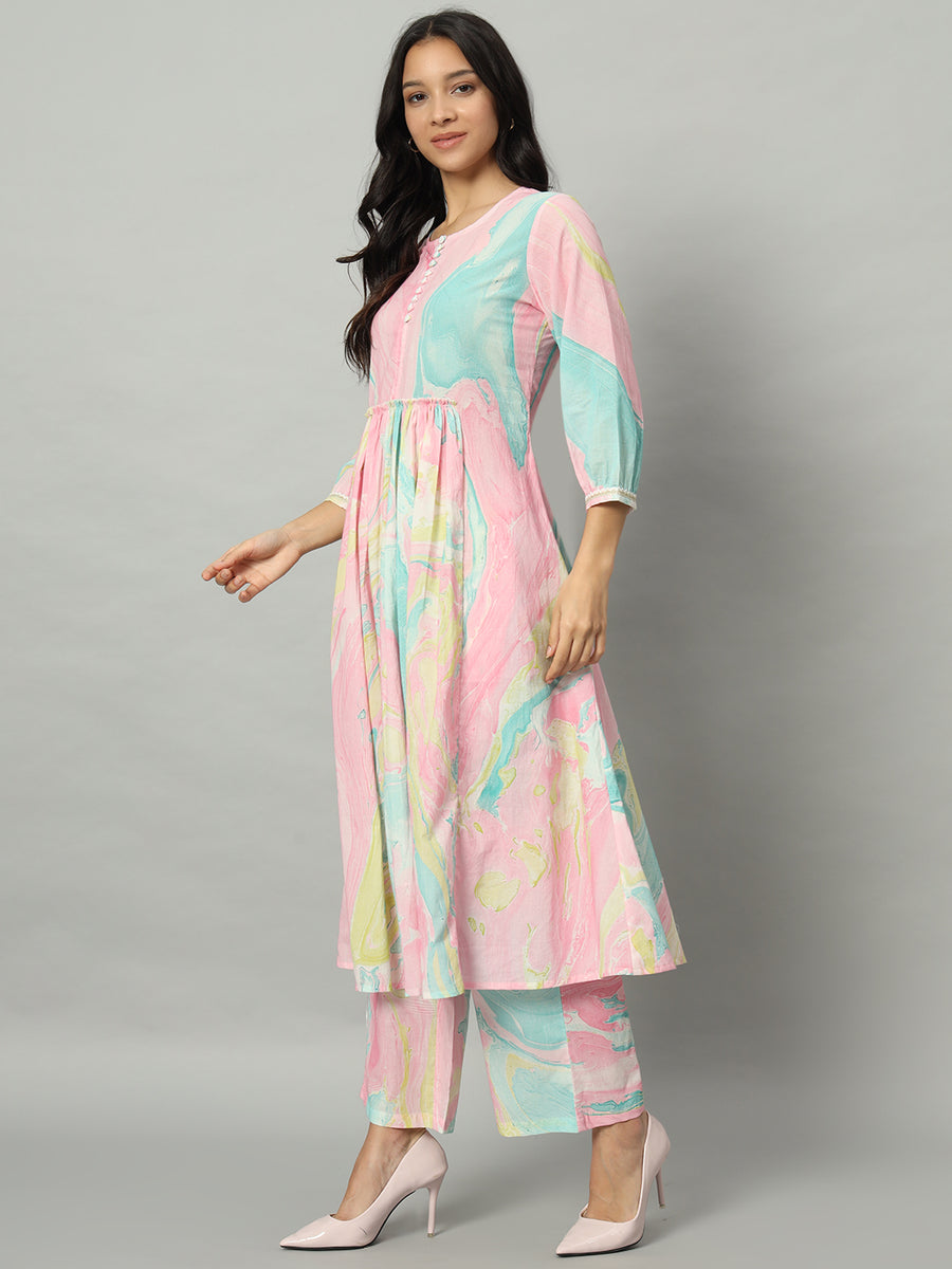 Women Cotton Marble Flared Co-ord Set