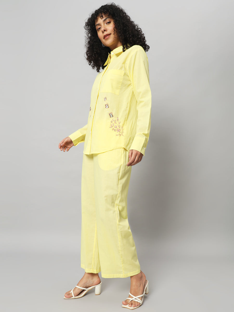 Women Solid Lemon Yellow Cotton Co-ord Set