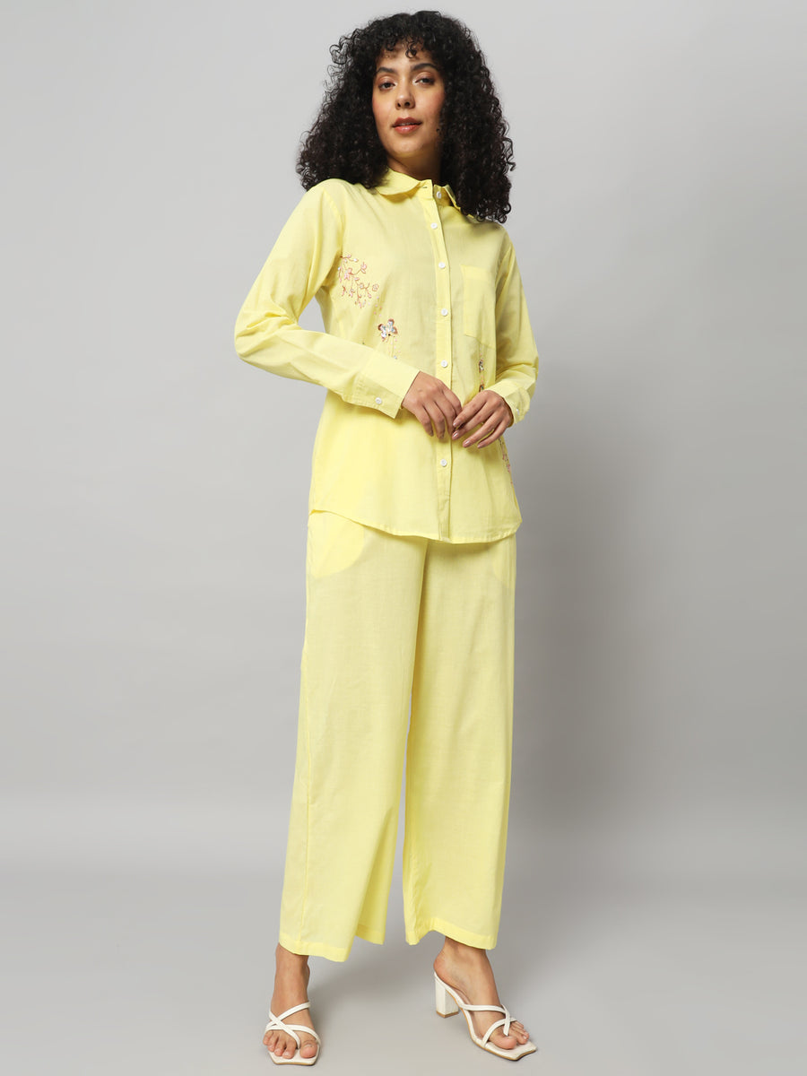 Women Solid Lemon Yellow Cotton Co-ord Set