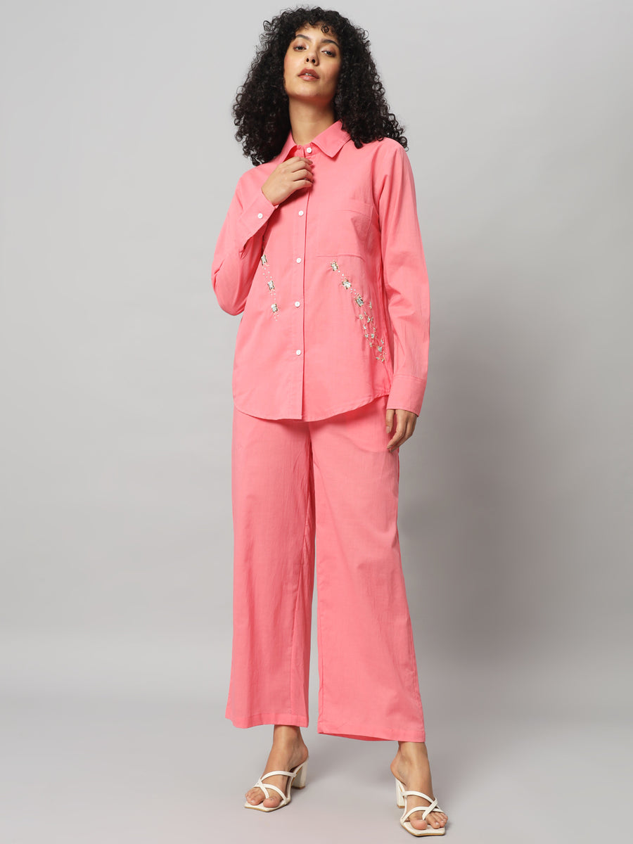 Women Solid Brink Pink Cotton Co-ord Set