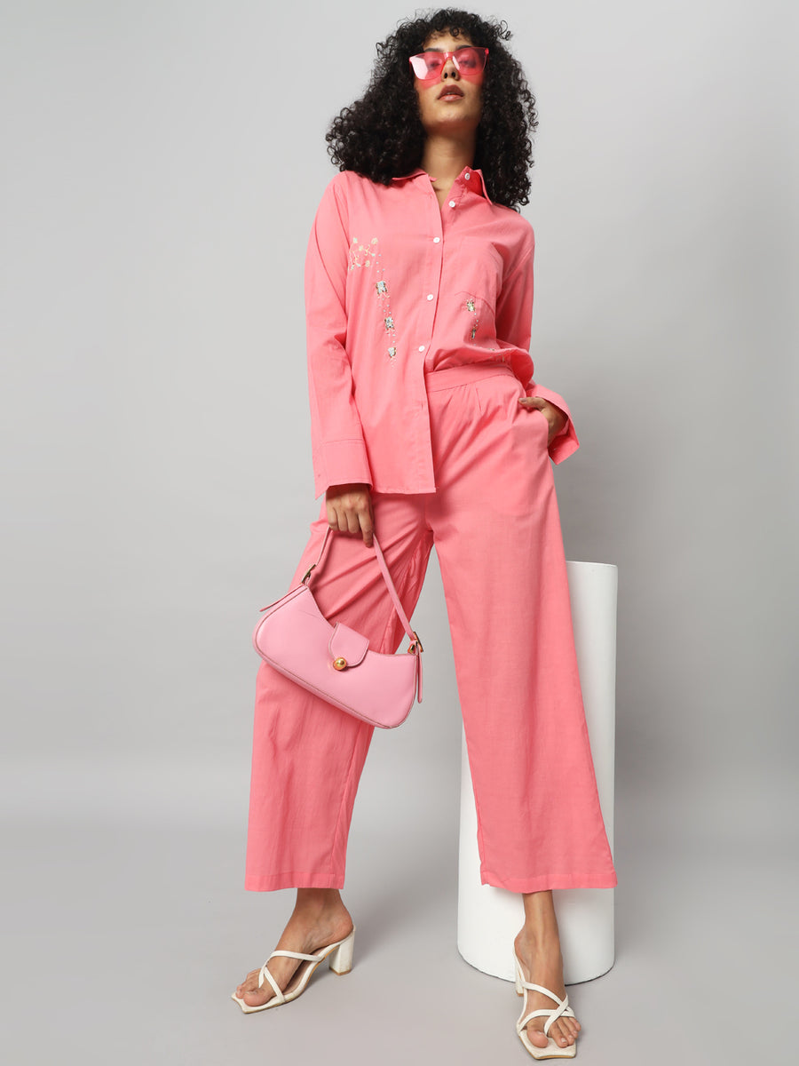 Women Solid Brink Pink Cotton Co-ord Set