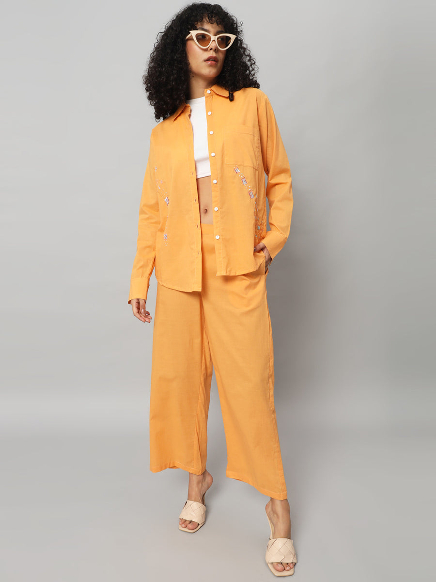 Women Solid Tangerine Orange Cotton Co-ord Set