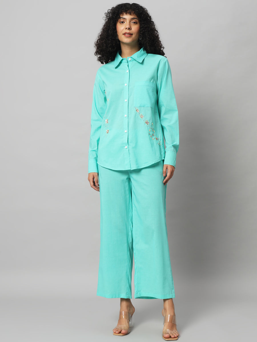 Women Solid Aquamarine Blue Cotton Co-ord Set