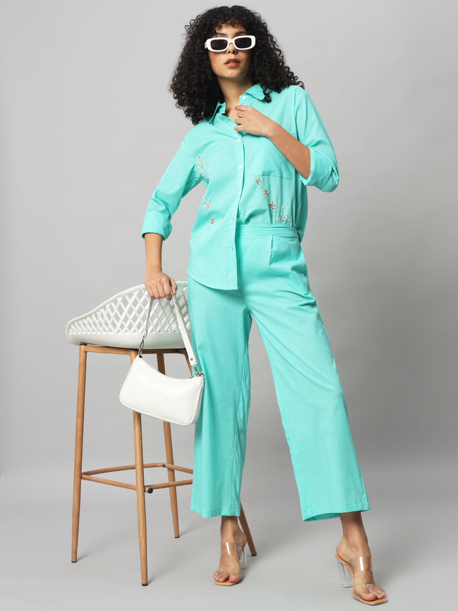 Women Solid Aquamarine Blue Cotton Co-ord Set