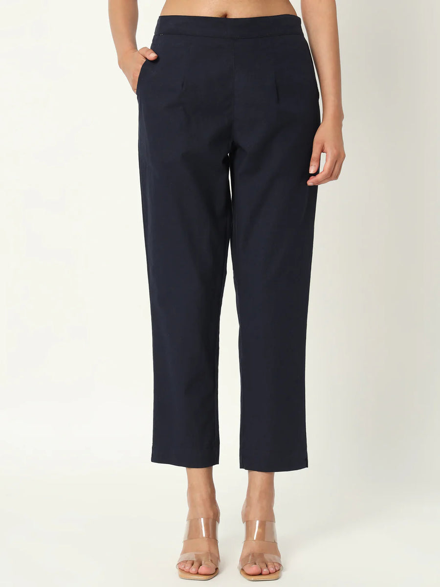 Pure Cotton Solid Navy Blue Pants