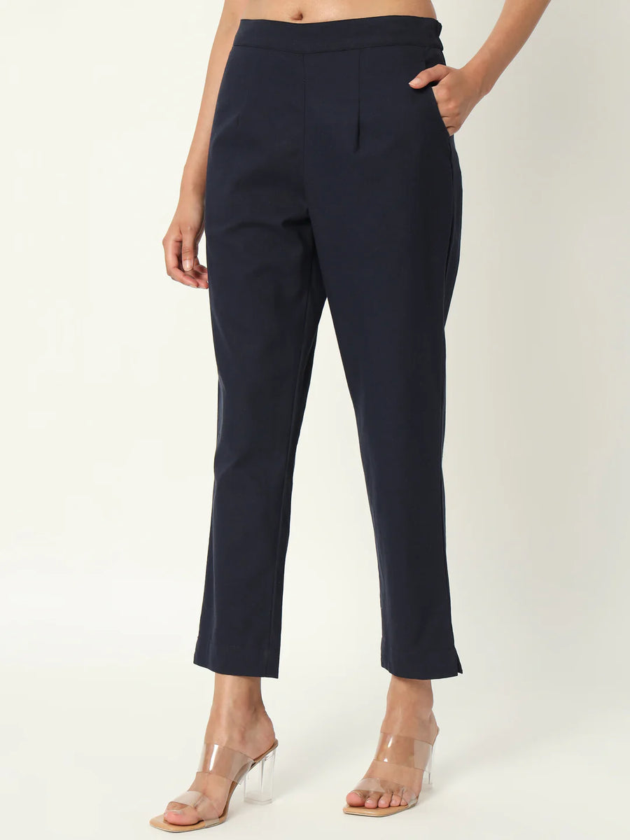 Pure Cotton Solid Navy Blue Pants