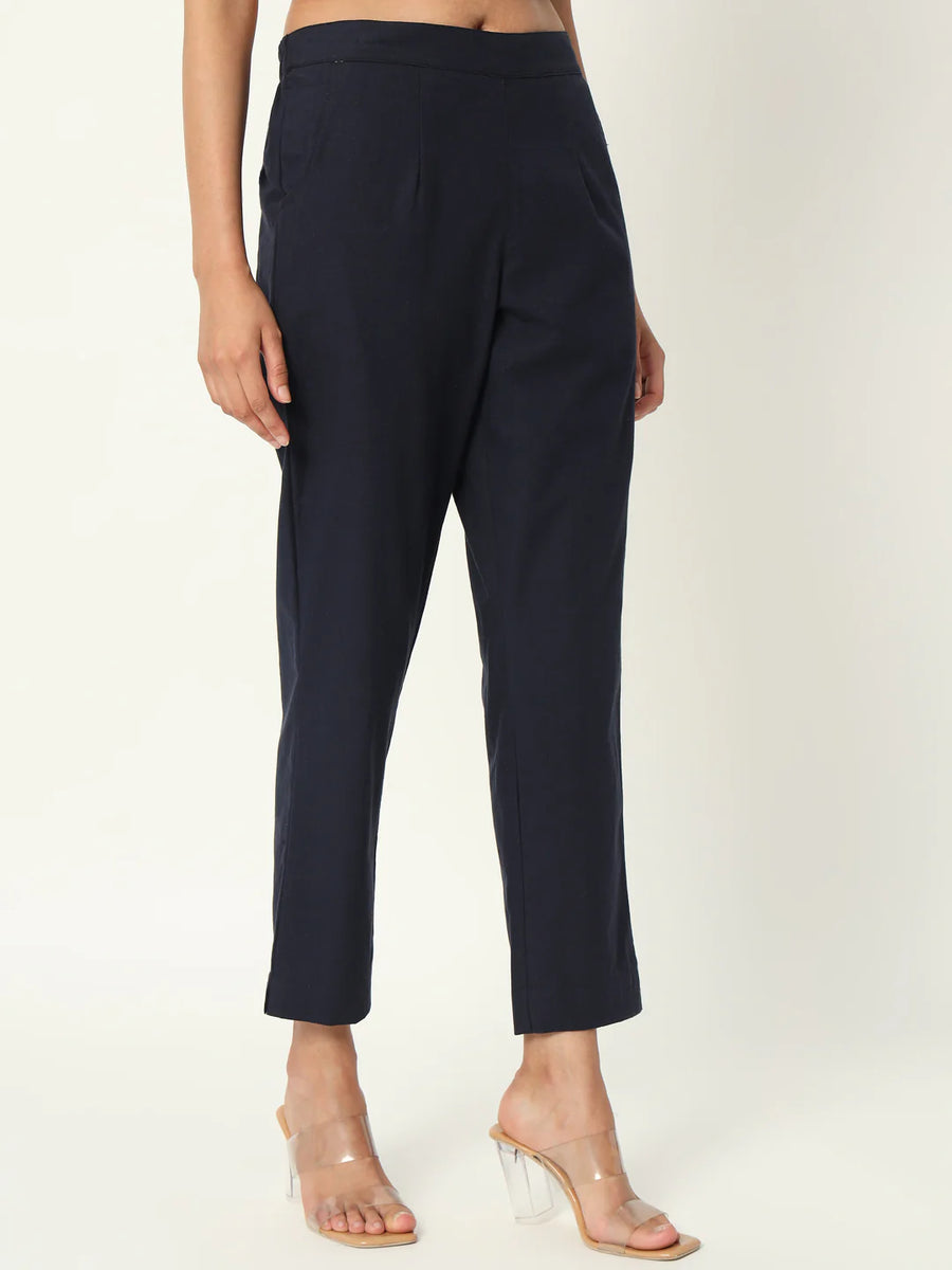 Pure Cotton Solid Navy Blue Pants