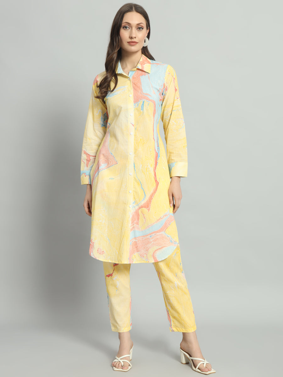 Women Cotton Yellow Long Co-ord Set