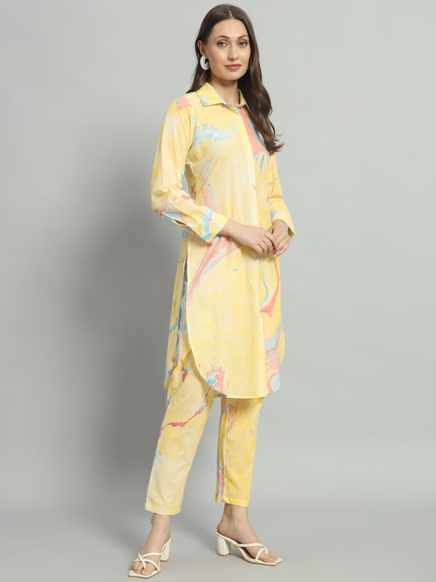 Women Cotton Yellow Long Co-ord Set