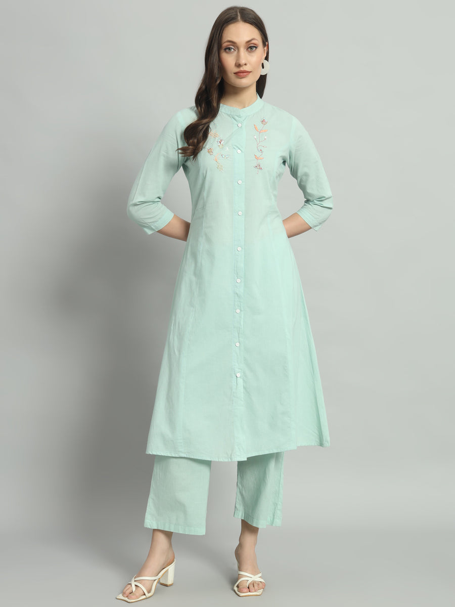 Women Cotton Solid Baby Blue Long Co-ord Set
