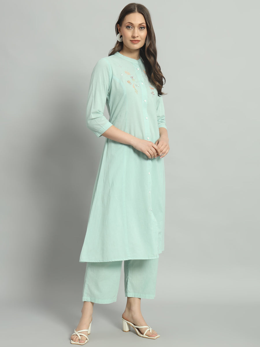 Women Cotton Solid Baby Blue Long Co-ord Set