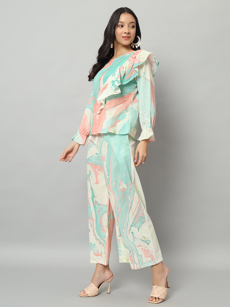 Women Cotton Ash Blue Abstract Printed Co-ord Set