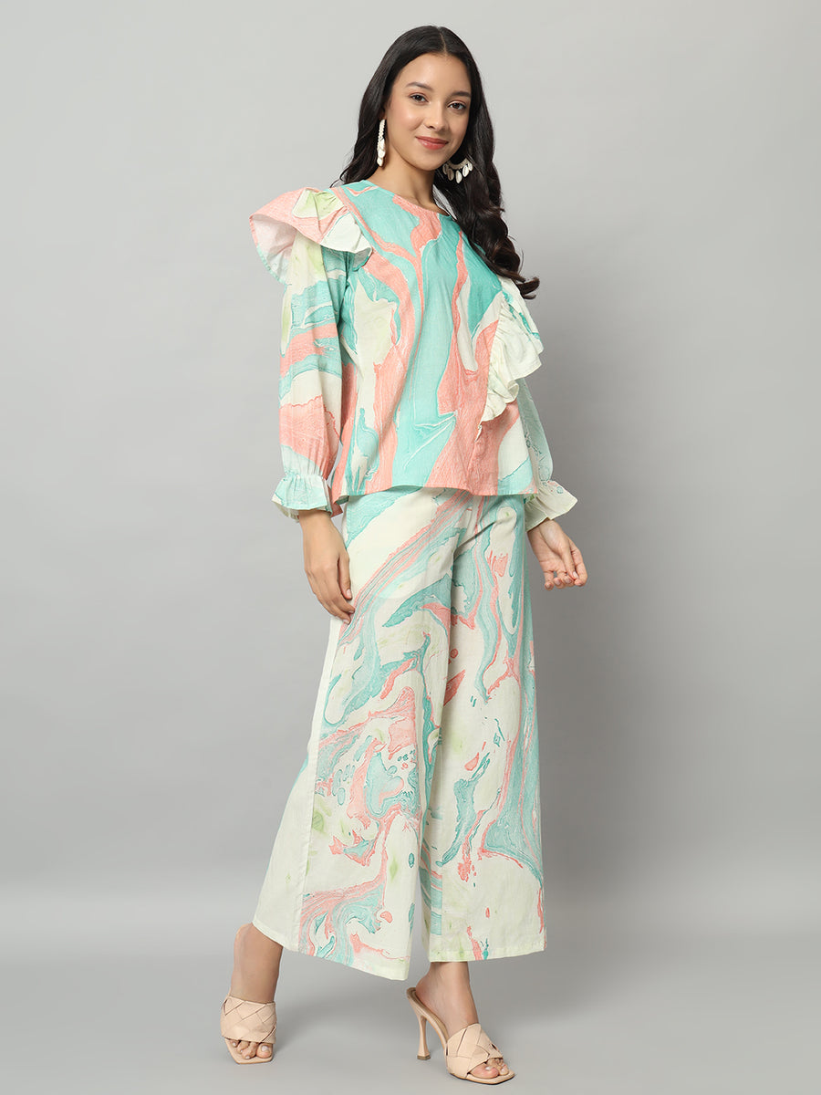 Women Cotton Ash Blue Abstract Printed Co-ord Set