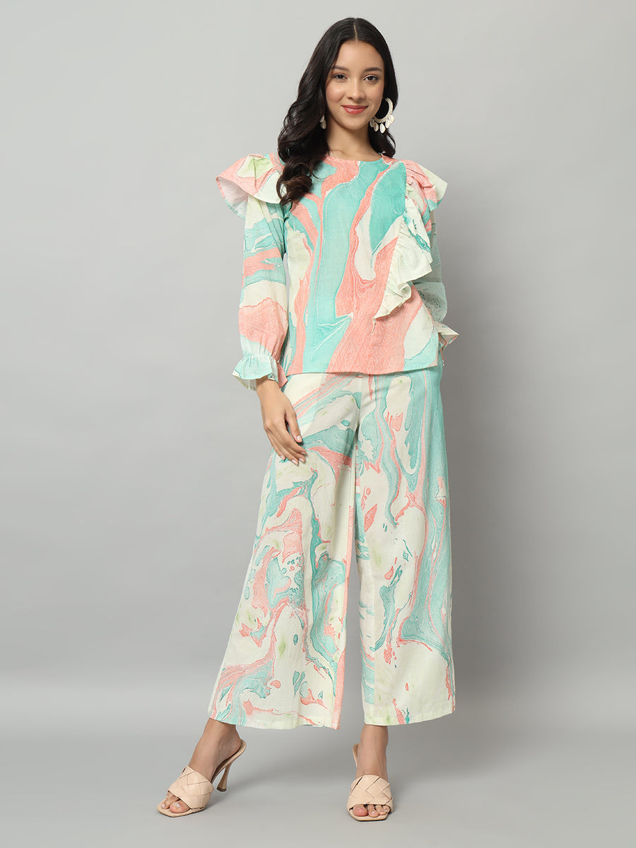 Women Cotton Ash Blue Abstract Printed Co-ord Set