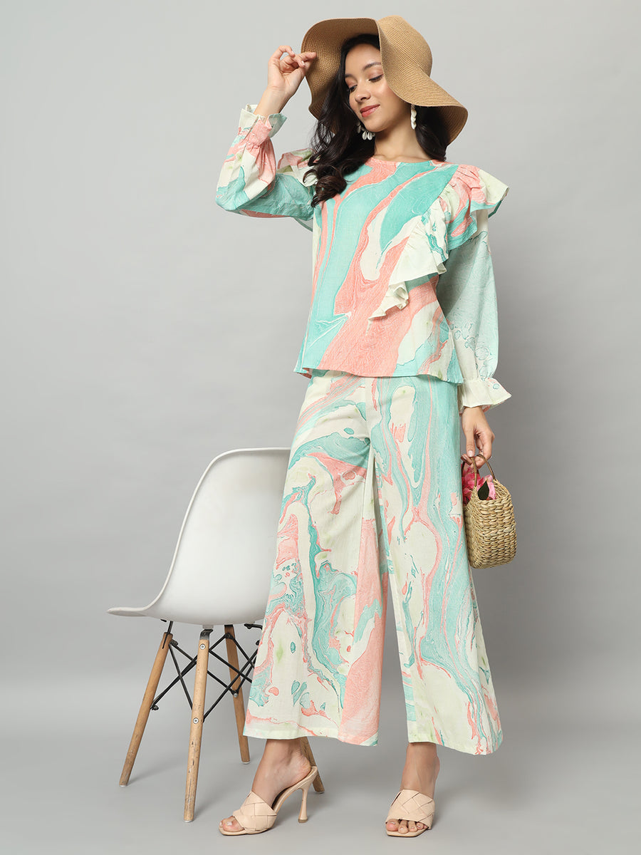 Women Cotton Ash Blue Abstract Printed Co-ord Set