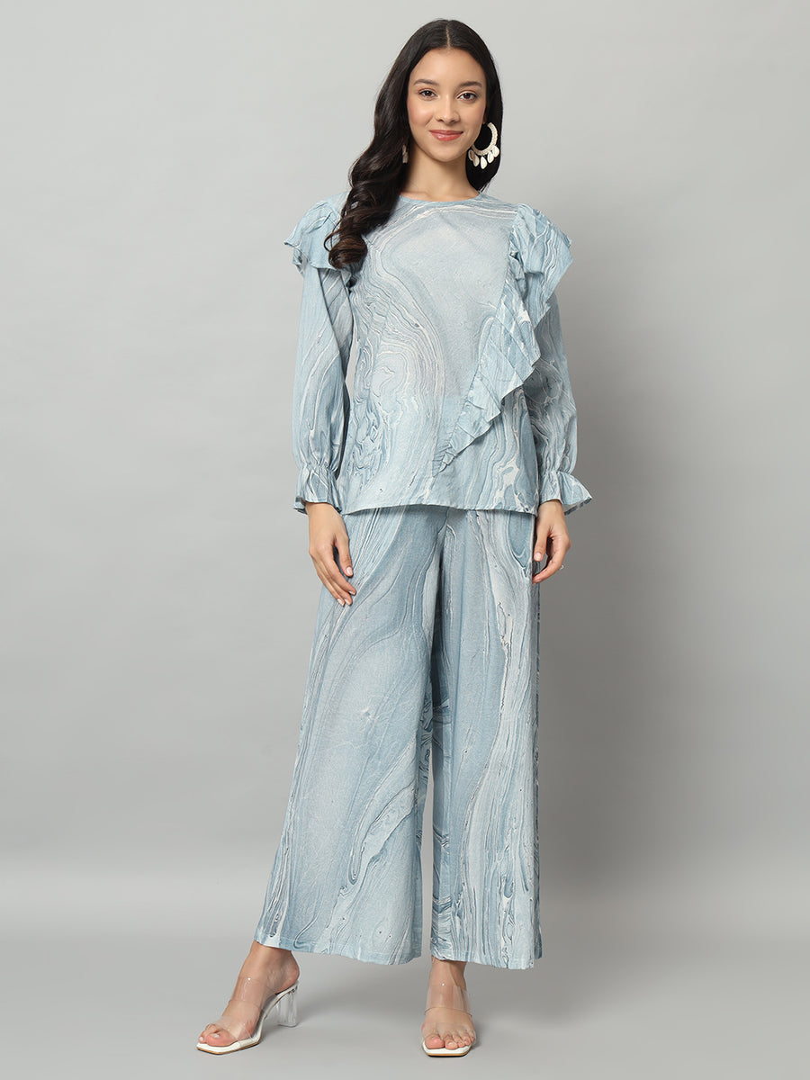 Women Cotton Ash Blue Abstract Printed Co-ord Set