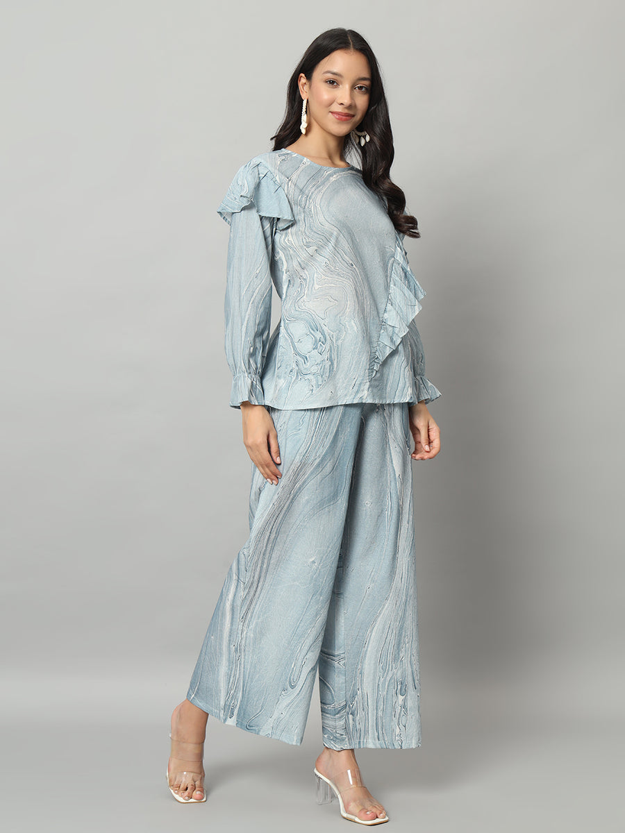 Women Cotton Ash Blue Abstract Printed Co-ord Set