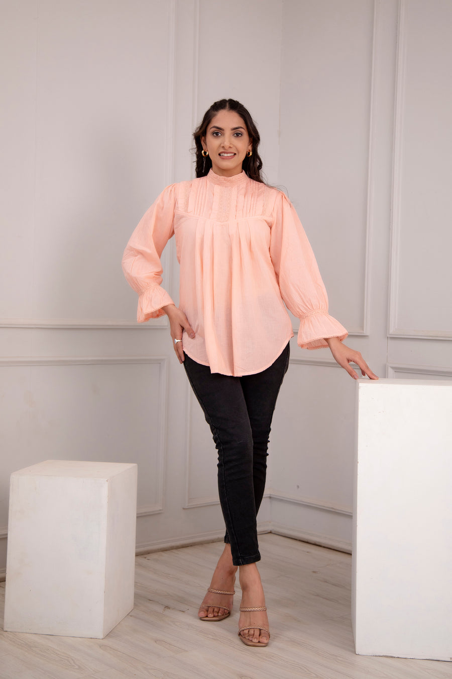 Women Cotton Light Peach Solid Casual Top