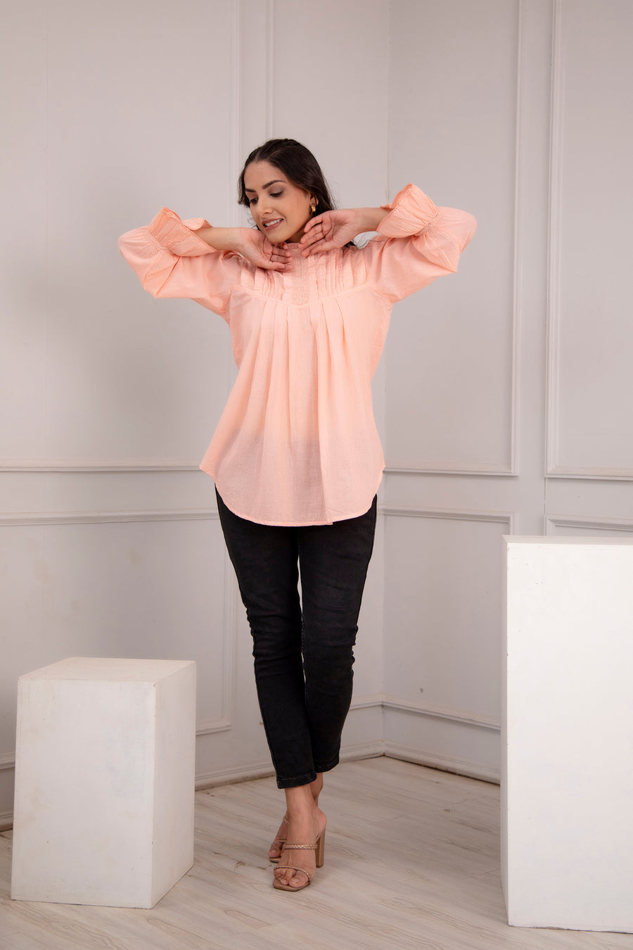 Women Cotton Light Peach Solid Casual Top