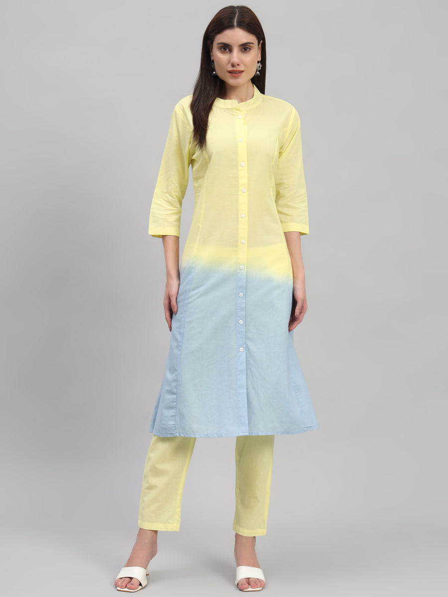 Women Cotton Yellow-Blue Ombre Long Co-ord Set