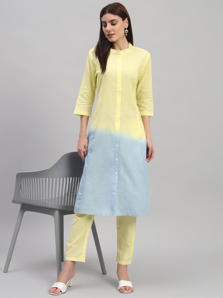 Women Cotton Yellow-Blue Ombre Long Co-ord Set