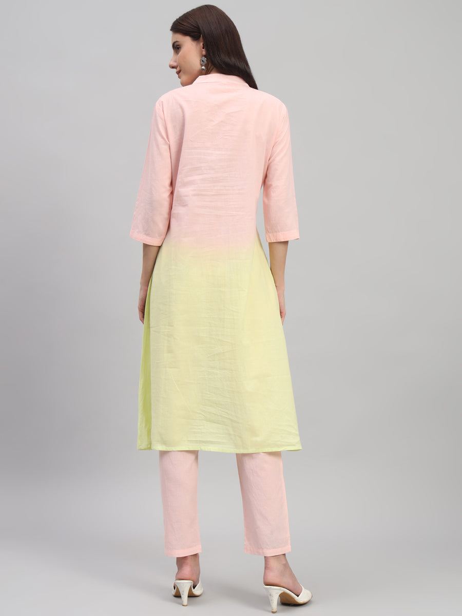 Women Cotton Peach-Yellow Ombre Long Co-ord Set