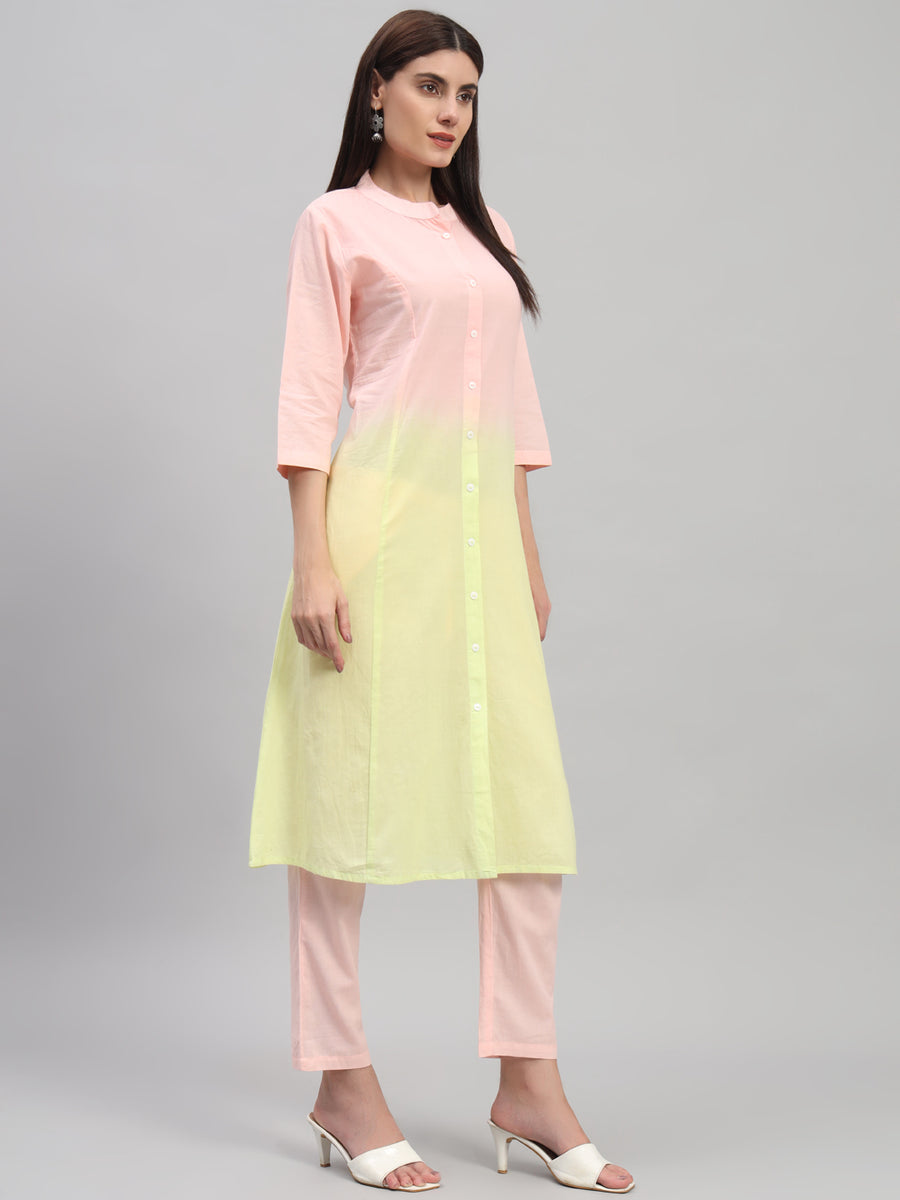 Women Cotton Peach-Yellow Ombre Long Co-ord Set