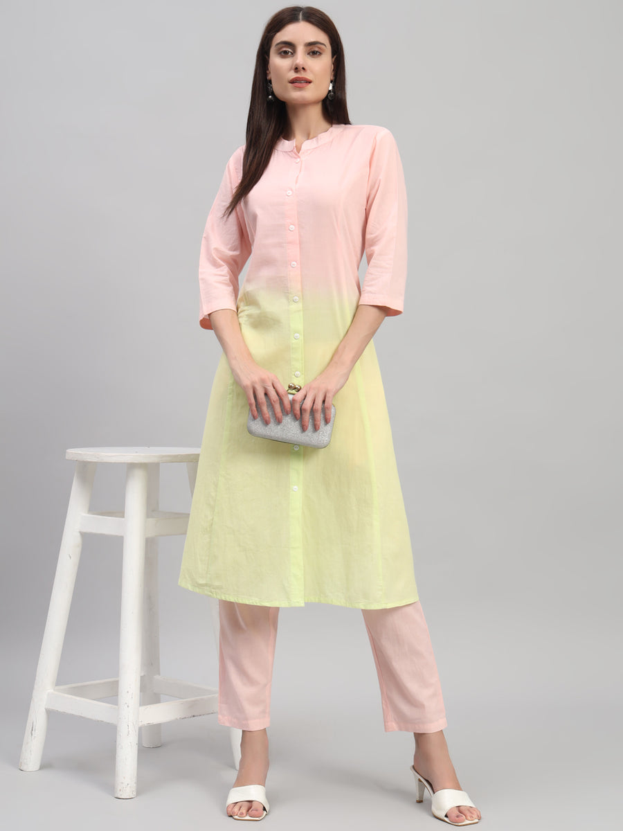 Women Cotton Peach-Yellow Ombre Long Co-ord Set