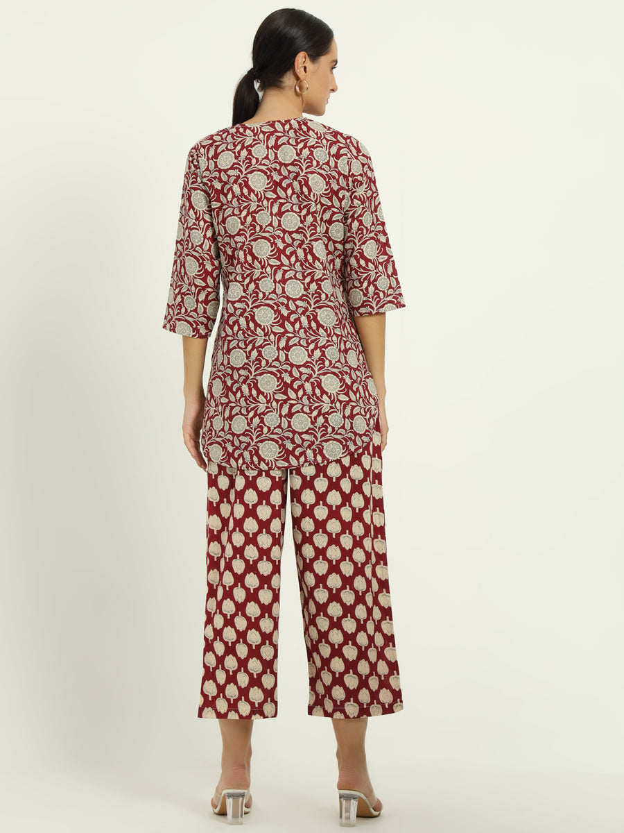 Kalamkaari Printed Crimson Cotton Co-ord Set