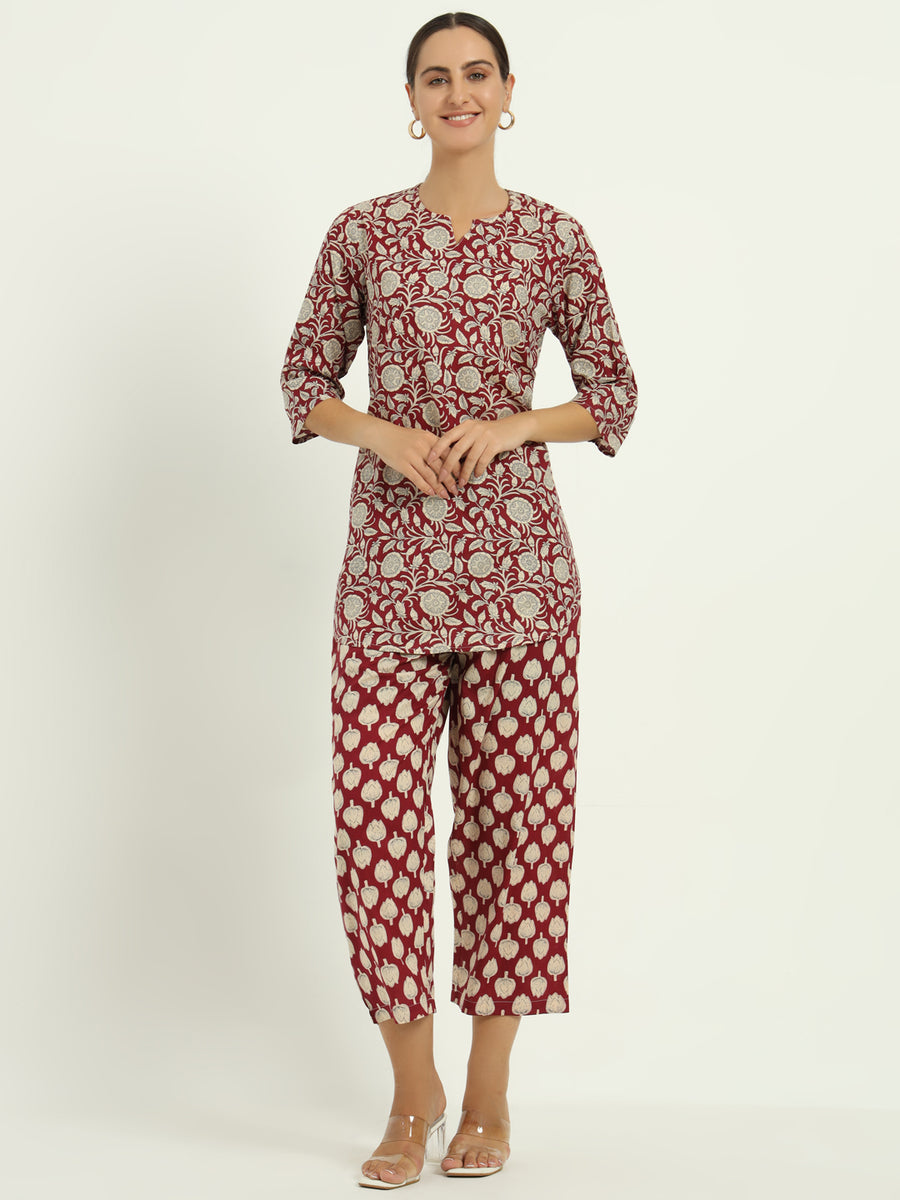 Kalamkaari Printed Crimson Cotton Co-ord Set