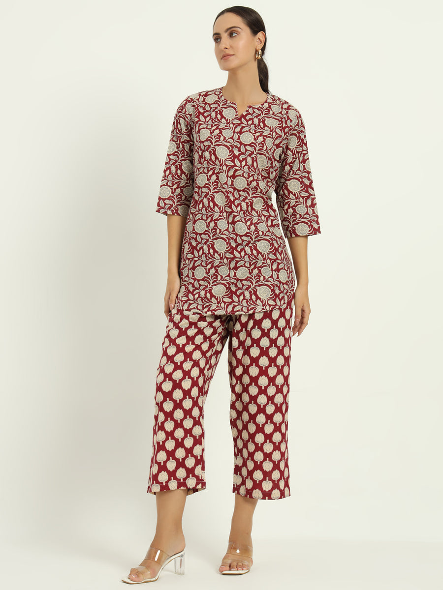 Kalamkaari Printed Crimson Cotton Co-ord Set