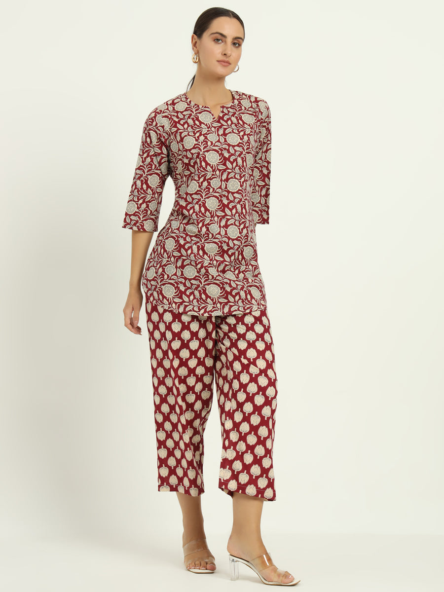 Kalamkaari Printed Crimson Cotton Co-ord Set