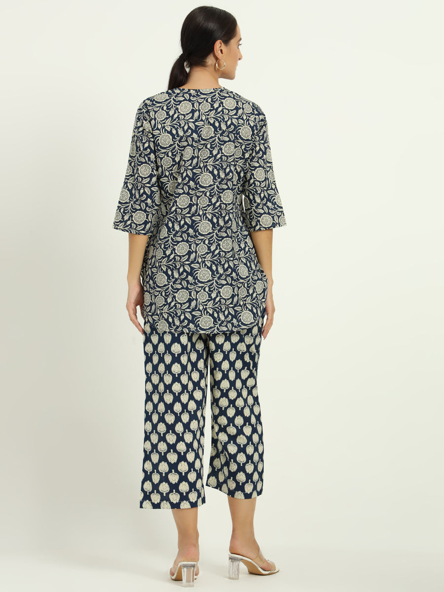 Kalamkaari Printed Navy Blue Cotton Co-ord Set