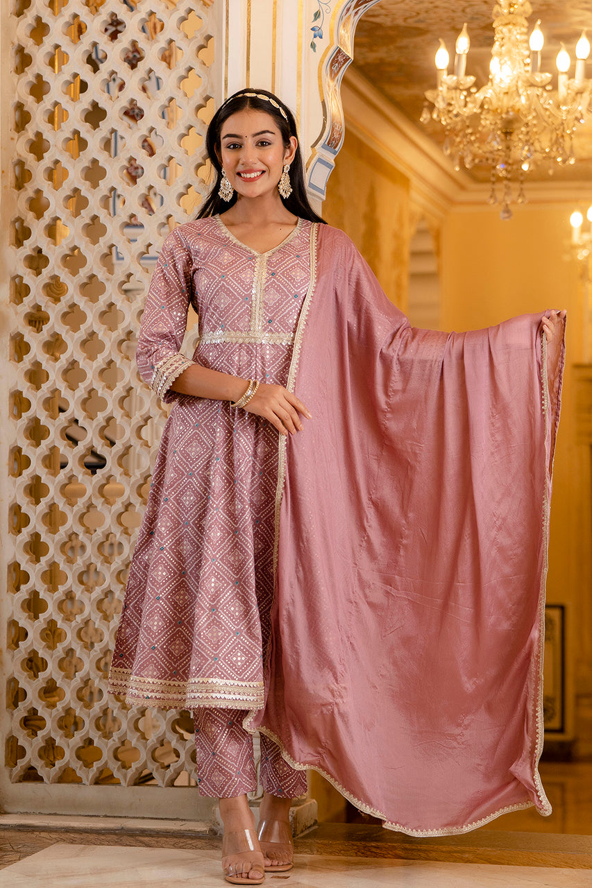 Women Cottton Printed Anarkali Suit Set with Solid Dupatta