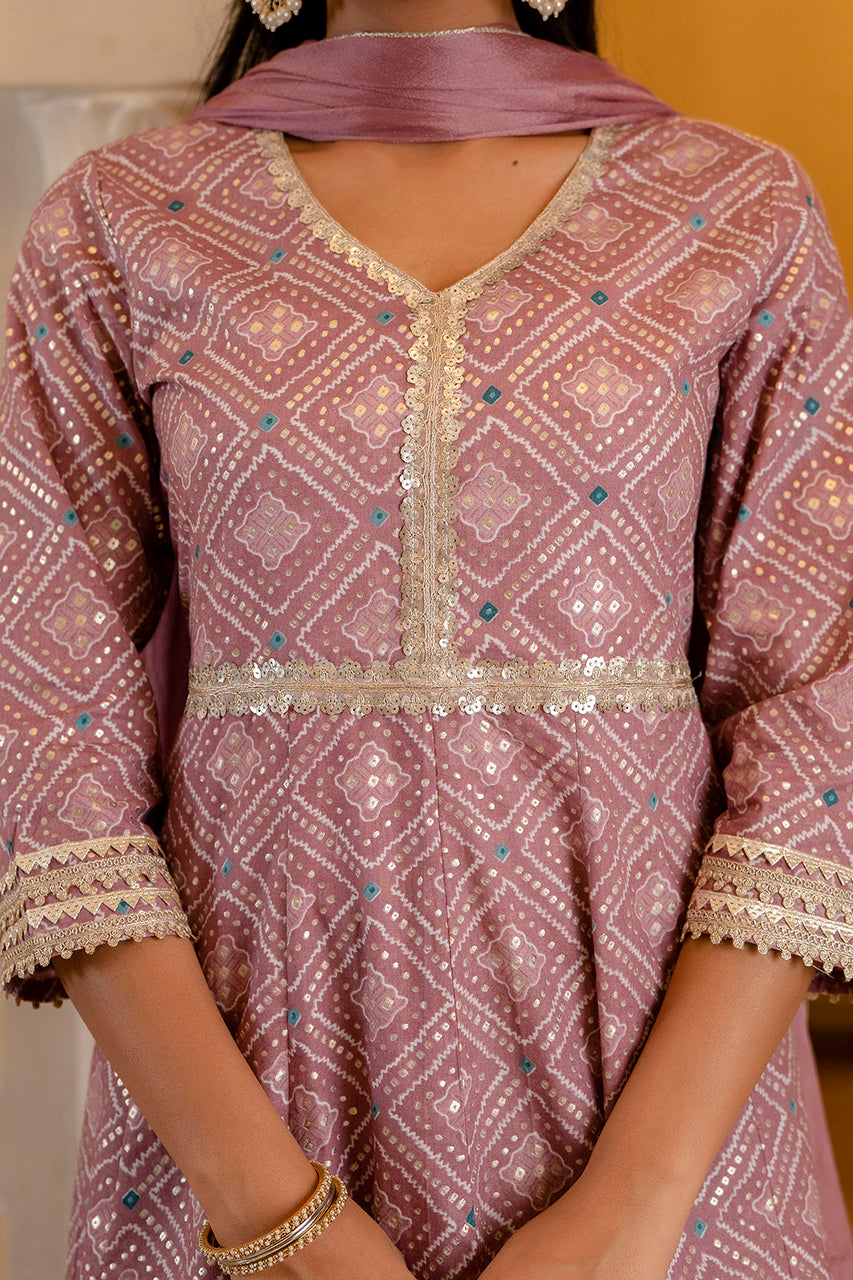 Women Cottton Printed Anarkali Suit Set with Solid Dupatta