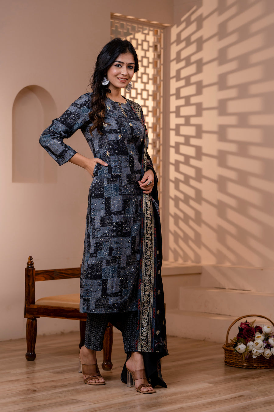 Women Muslin Printed Straight Hand Embroidery Suit Set