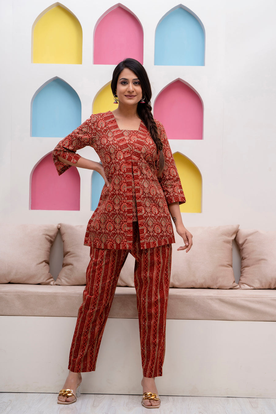 Women Cotton Maroon Ajrakh Printed Co-ord Set