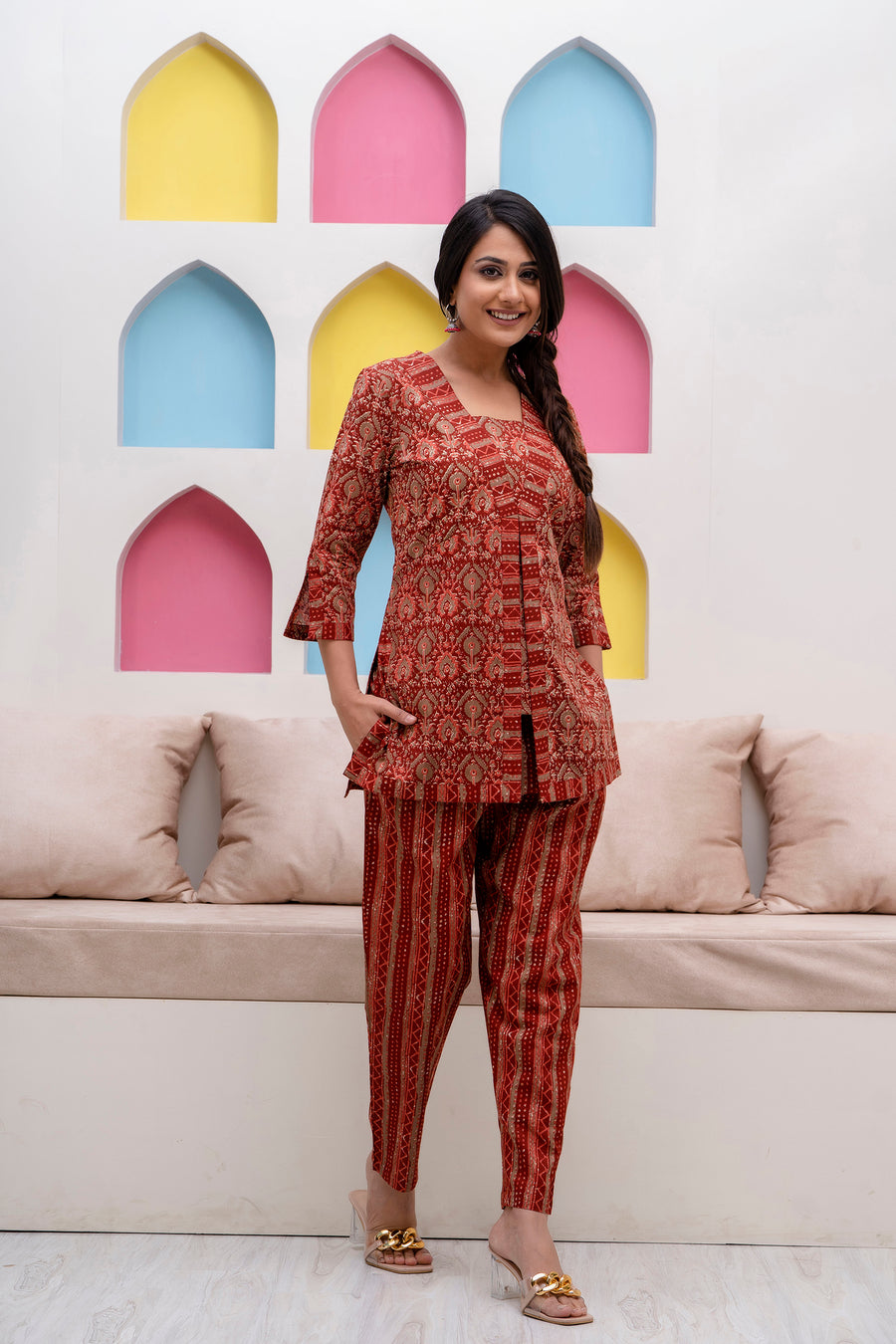 Women Cotton Maroon Ajrakh Printed Co-ord Set