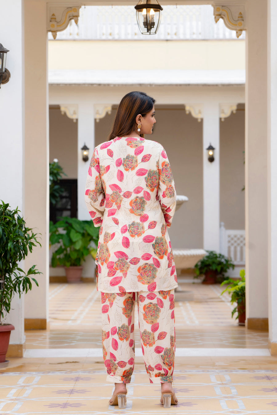 Pink Petals Printed Chiffon Lounge Wear Set