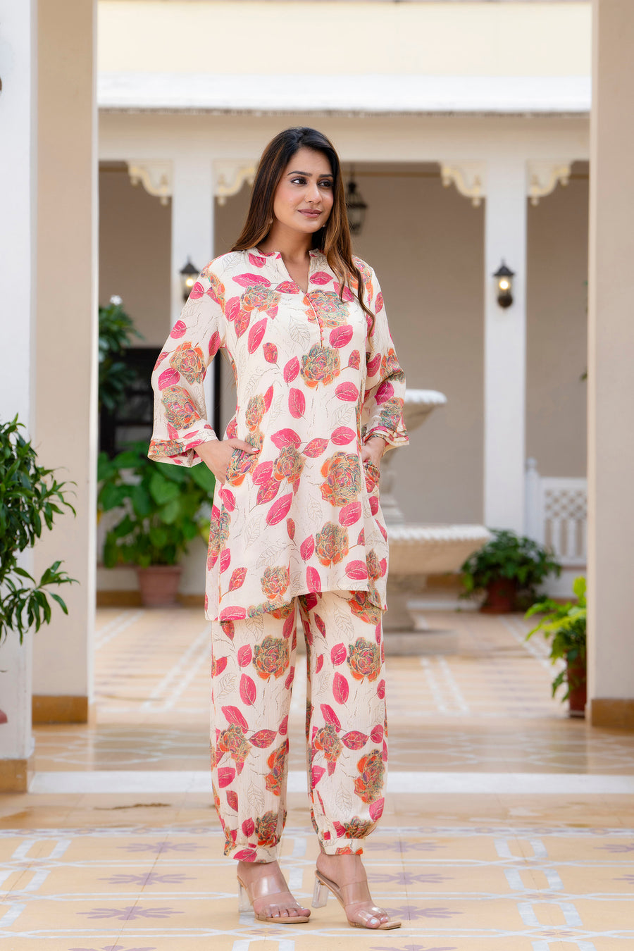 Pink Petals Printed Chiffon Lounge Wear Set