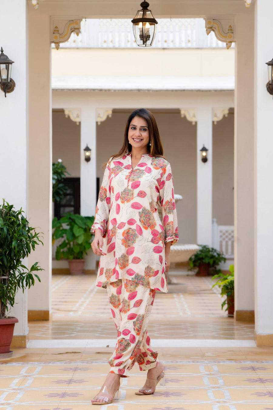 Pink Petals Printed Chiffon Lounge Wear Set