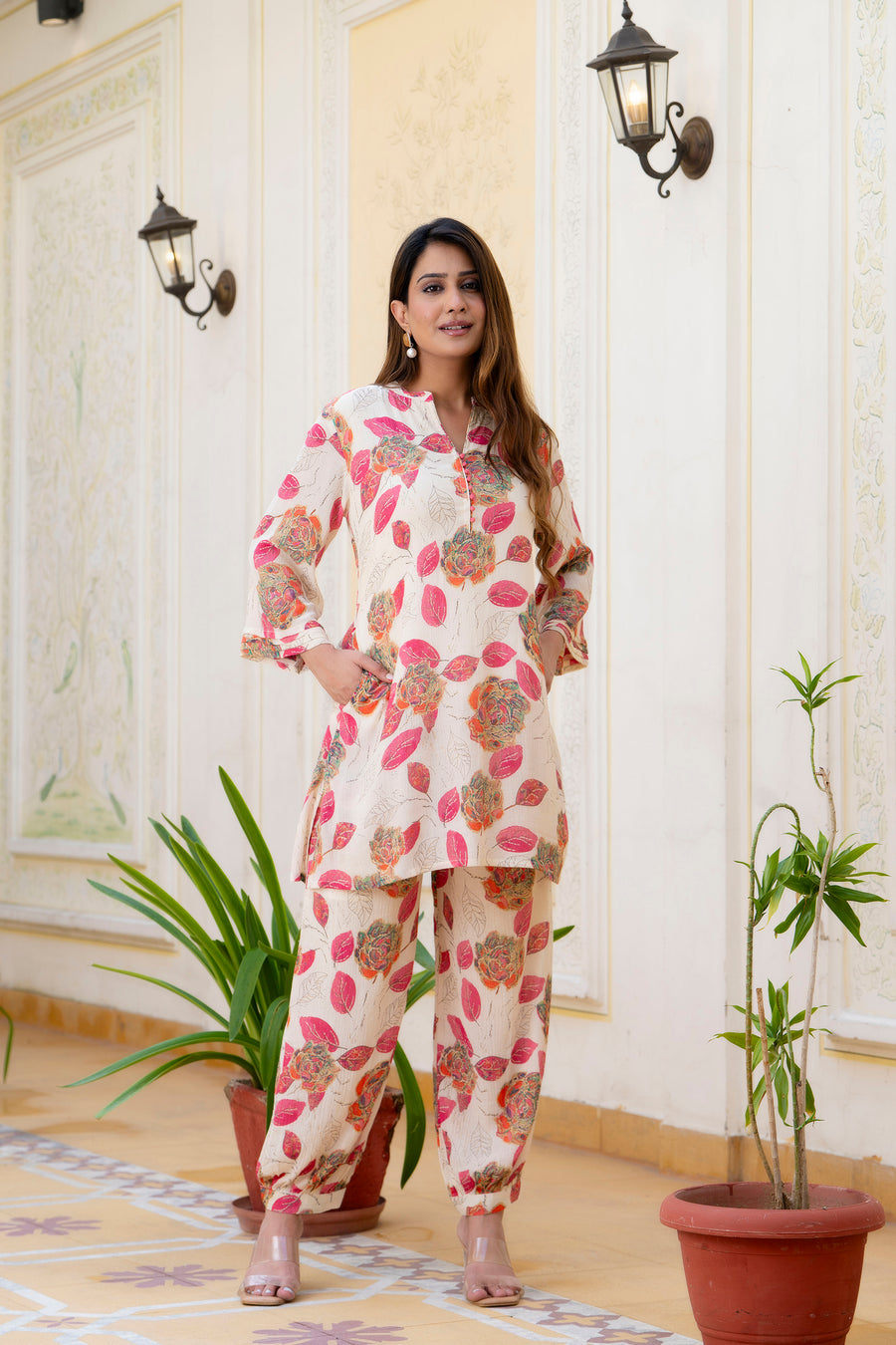 Pink Petals Printed Chiffon Lounge Wear Set