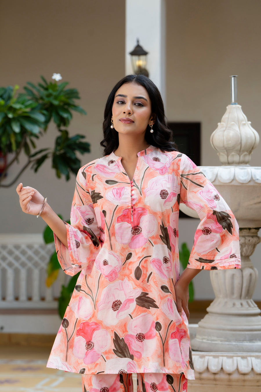 Tropical Flowers Printed Cotton Lounge Wear Set