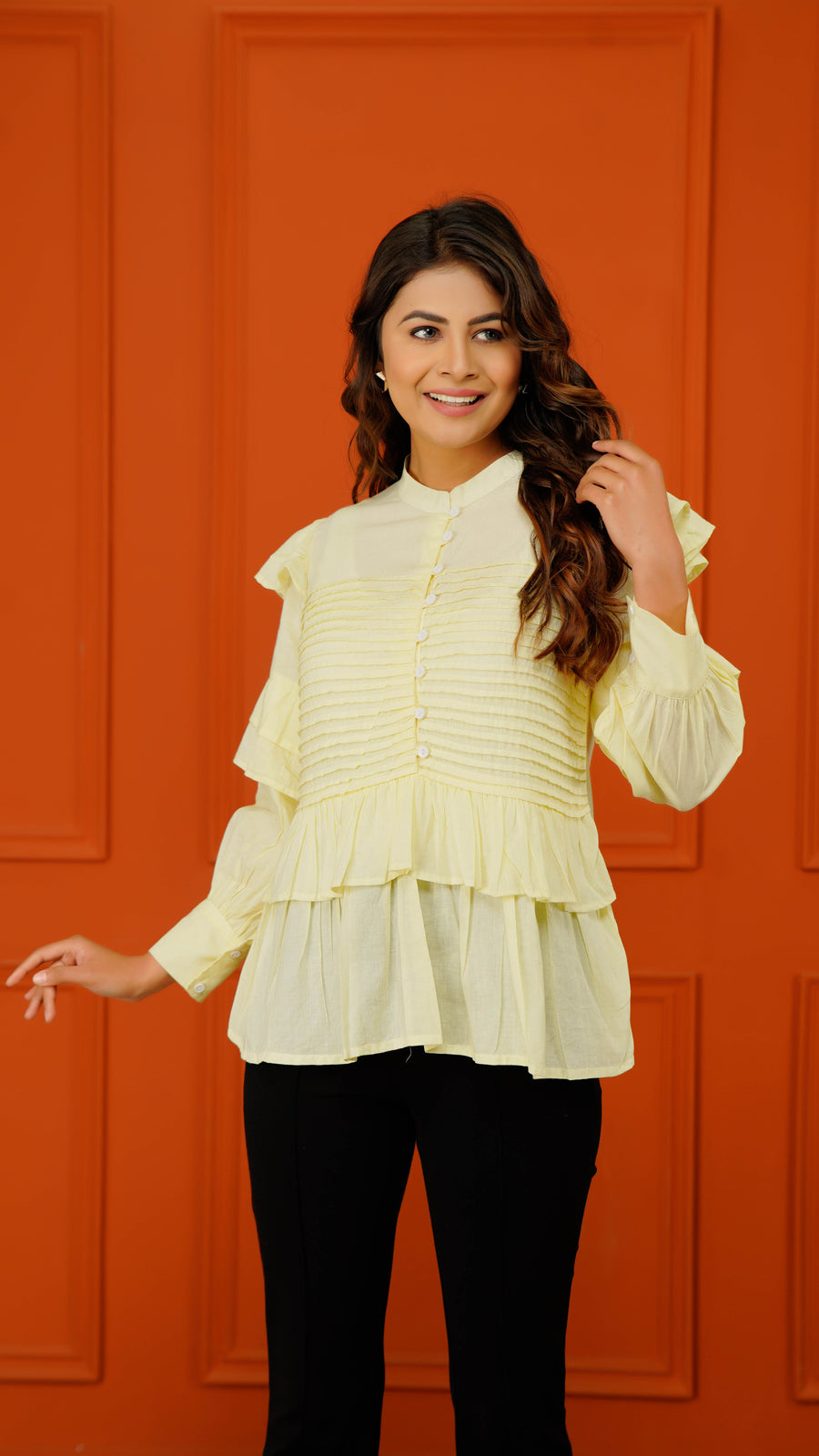 Women Cotton Solid Yellow Casual Top
