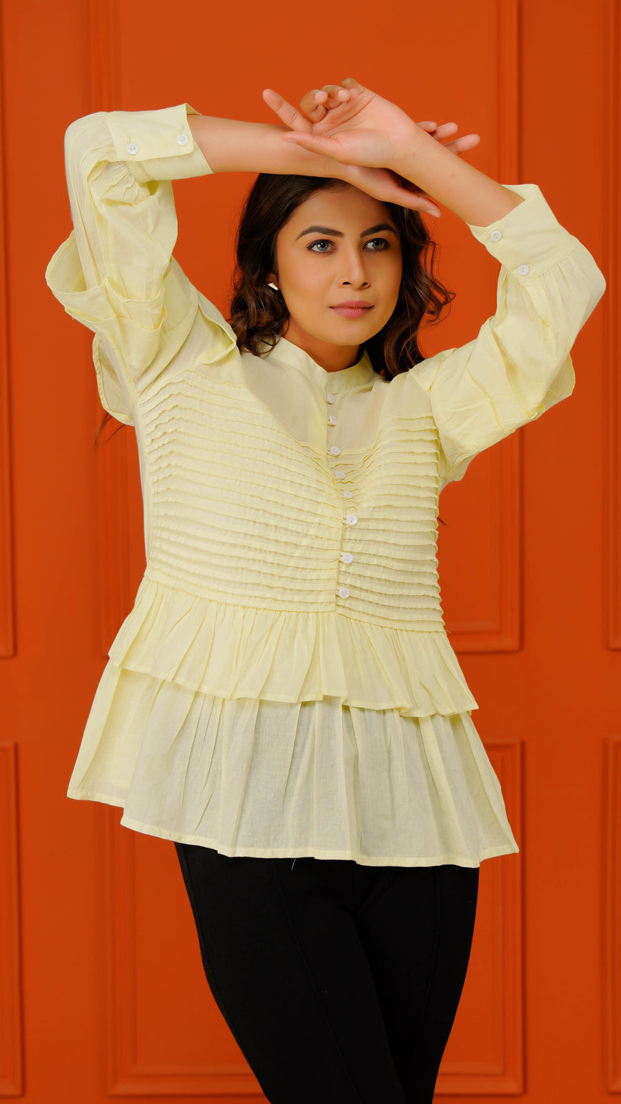 Women Cotton Solid Yellow Casual Top