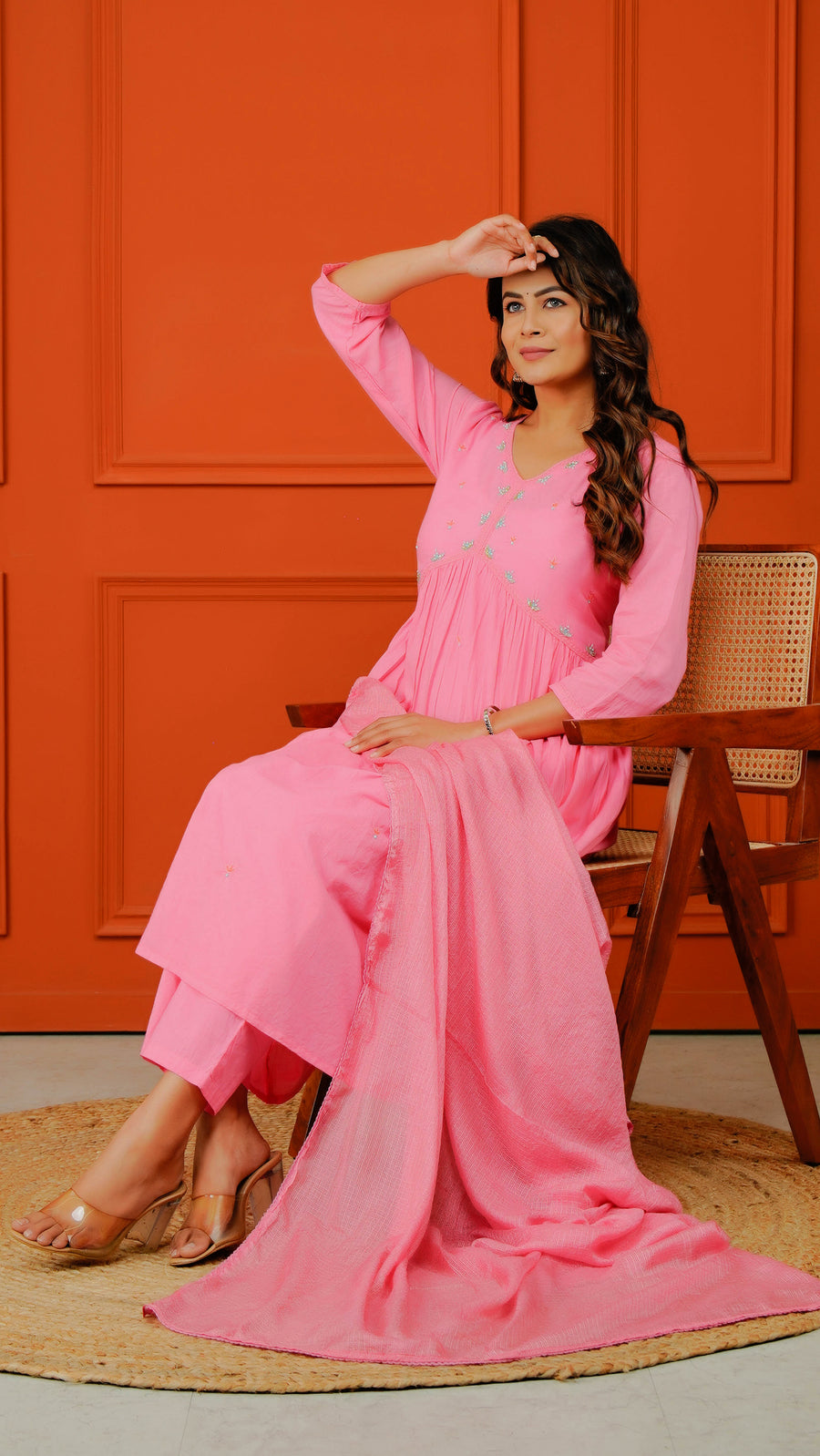 Women Cotton Solid Pink Embroidery Suit Set